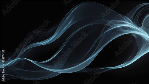 Abstract smoke background with dynamic blue fractal waves of light and smooth motion on a black backdrop