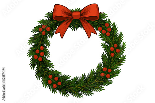 Festive Evergreen Wreath. Christmas wreath made of evergreen branches, embellished with red berries and a large red bow at the top. The circular shape symbolizes. Vector illustration