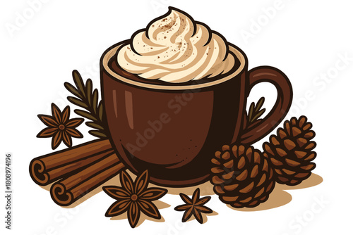 Festive Hot Chocolate Scene. Hot chocolate mug is adorned with whipped cream and a dusting of cocoa, surrounded by cinnamon sticks, star anise, and pine cones. The. Vector illustration