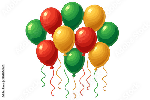 Festive Balloon Bouquet. Joyful assembly of balloons in vibrant hues of red, green, and gold, floating upwards with shiny ribbons. The balloons are intertwined,. Vector illustration