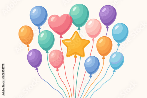 Festive Helium Balloons. Cluster of helium balloons in various shapes and sizes, floating upwards. The balloons are tied with colorful strings, creating a sense of. Vector illustration