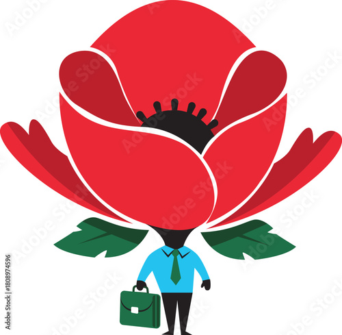 Illustration of man with red poppy flower head and briefcase, isolated on white background