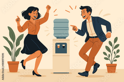 Office Dance Celebration. Stylishly dressed man and woman engage in a lively dance near a water cooler, their movements dynamic and synchronized. Potted plants frame. Vector illustration