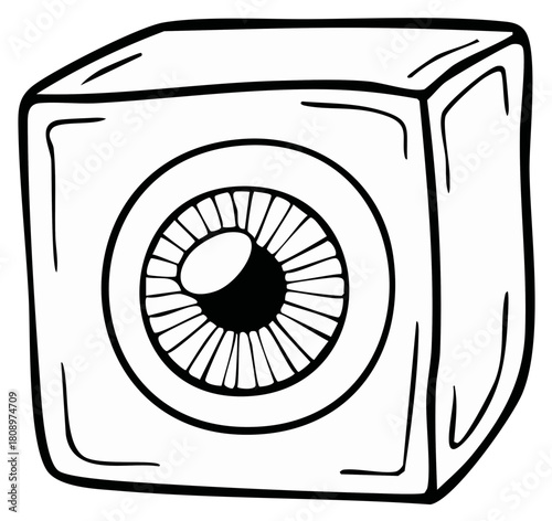 Bizarre geometric cube with a single large eye watching hand drawn surreal vector illustration