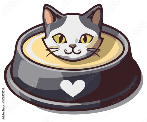 Cartoon kitten in a food bowl with heart symbol on it, pet care and nutrition illustration