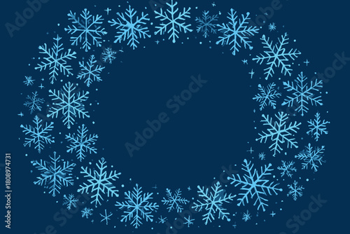 Snowflake Border Elegance. Border of diverse snowflakes encircles a space of deep blue, each flake uniquely crafted with sparkling accents. The design is balanced. Vector illustration