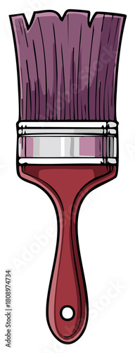Stylized cartoon illustration of a paintbrush with purple bristles and a red wooden handle