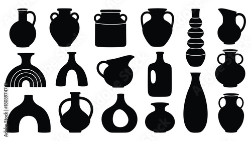 Collection of black silhouette vases and pottery vessels