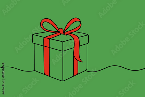 Festive Gift Box. Gift box wrapped in a bright red ribbon is artfully outlined in a continuous line. The package rests on a green background, its simple yet vibrant. Vector illustration