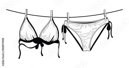 Bikini hanging on a clothesline hand drawn illustration