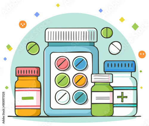 Medication bottles with capsules and pills. Vector cartoon design