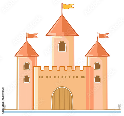 Charming cartoon fairy tale castle with orange turrets, yellow flags, and fortified gate