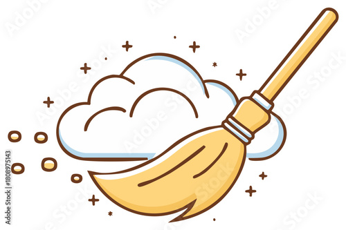 Cartoon broom sweeping away dust clouds and sparkles for a clean effect