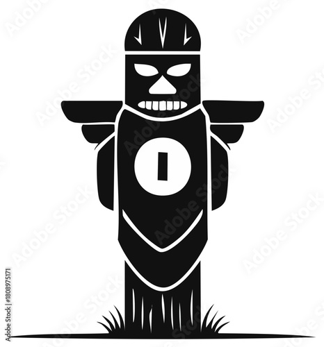 Black totem pole with a face design and geometric patterns in a stylized grassy patch.