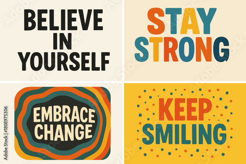 Inspirational Typographic Art Prints. Collection of typographic art prints with motivational quotes. Each print features a different inspirational message in a. Vector illustration