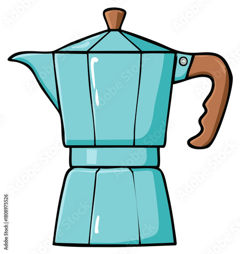 Retro Moka pot coffee maker with a turquoise blue body and brown handle illustrating Italian coffee culture