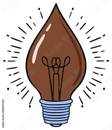 Brown teardrop light bulb glowing with bright radiant lines symbolizing a new idea and creative inspiration