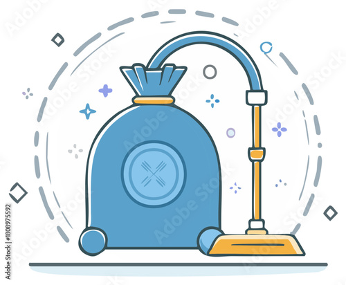 Modern cartoon illustration of a blue vacuum cleaner bag collecting dust particles and debris