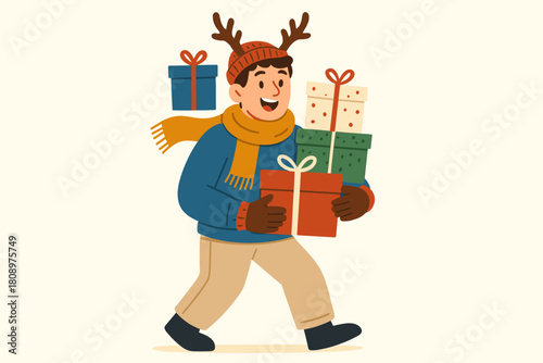 Festive Antlered Gift Bearer. Man in casual winter clothing holding multiple gift boxes, with reindeer antlers on his head. His playful expression and the stack of. Vector illustration