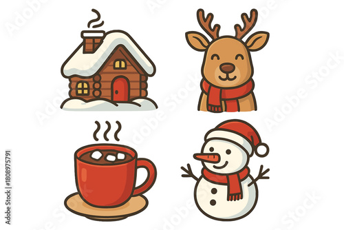 Festive Christmas Icons. Set of Christmas icons featuring a snow-covered cottage, a reindeer wearing a scarf, a steaming cup of hot cocoa, and a playful snowman with. Vector illustration