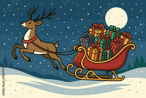 Reindeer Sleigh Adventure. Sleigh filled with gifts, pulled by reindeer over a snowy landscape. The scene is dynamic, with the reindeer in motion and snowflakes. Vector illustration
