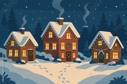 Cozy Winter Wonderland. Snow-covered village scene with cozy houses adorned with twinkling lights and wreaths. The setting is serene and picturesque, with smoke. Vector illustration