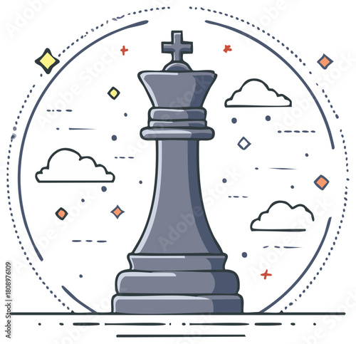 King Chess Piece surrounded by Clouds and Stars in Circular, Dotted Design