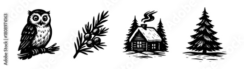 Forest nature vintage style engraving icons, winter landscape se