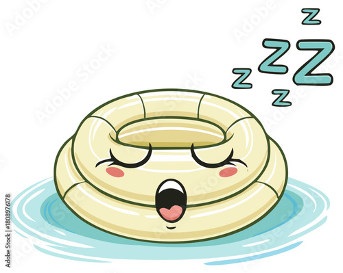 Sleeping Cartoon Pool Float on Water, Summer Relaxation and Vacation Concept Illustration
