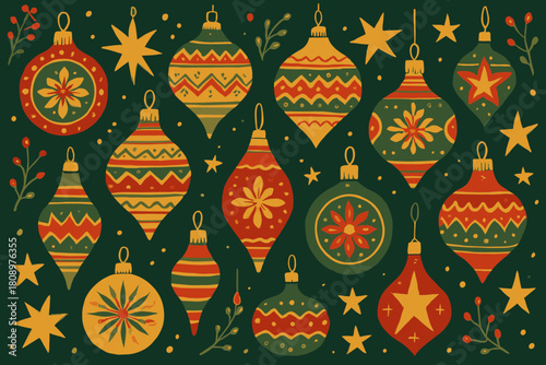 Retro Christmas Ornaments. Festive arrangement of retro-style Christmas decorations, featuring baubles and stars with intricate patterns. The design is vibrant and. Vector illustration