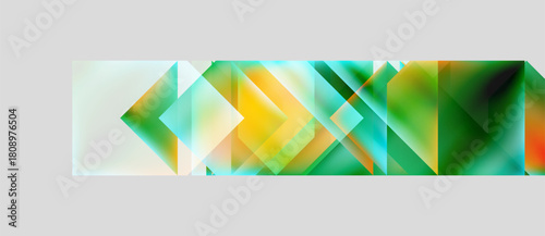Abstract geometric composition. Overlapping triangles create vibrant color gradients, blending green, yellow, orange hues. Modern design.