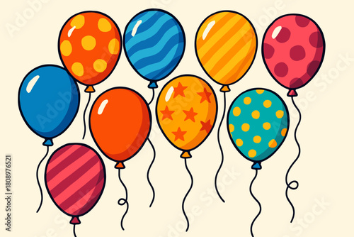Colorful Party Balloons. Colorful set of party balloons, each with different patterns and shades, float gently across the frame. The balloons are tied with thin. Vector illustration