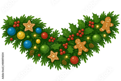 Festive Garland Delight. Lush Christmas garland adorned with multicolored ornaments and twinkling lights winds gracefully across the scene. Gingerbread cookies and. Vector illustration
