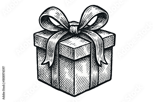 Elegant Gift Sketch. Charming illustration of a gift box with an intricate ribbon, sketched in a loose, textured style. The box's square shape and monochrome palette. Vector illustration