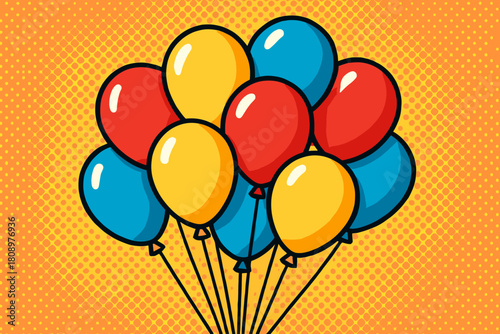 Pop Art Balloons. Colorful array of balloons floats in a pop art style, each balloon in bright, bold colors like red, yellow, and blue. They are clustered together,. Vector illustration
