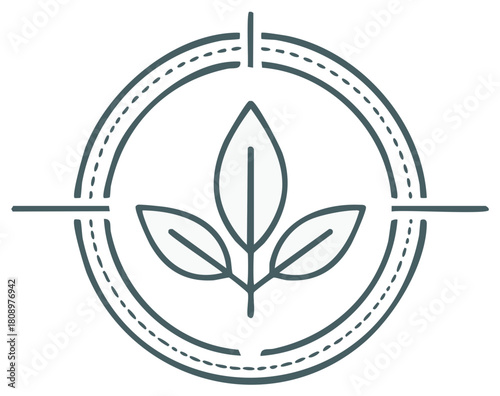 Sustainable growth and environmental focus icon with green plant leaves inside a target symbol