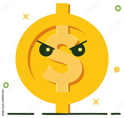 Angry gold dollar coin character with an evil expression vector illustration