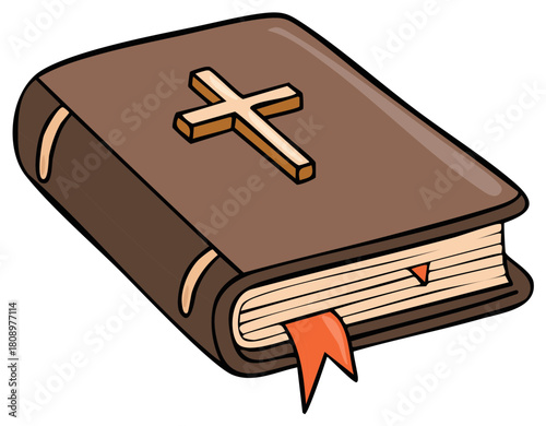 Cartoon holy book illustration with a cross on the cover and a bookmark