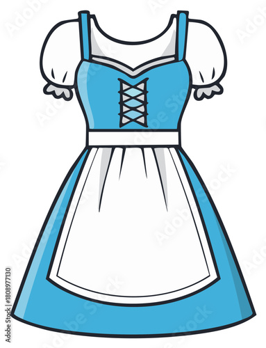 Cartoon illustration of a blue dirndl dress with apron and puff sleeves.