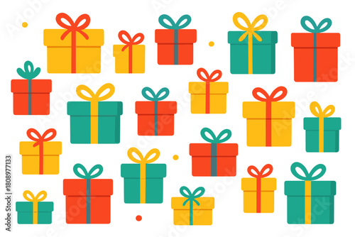 Colorful Gift Boxes. Collection of colorful gift boxes adorned with ribbons, scattered across the canvas. The gifts vary in size and are arranged in a playful. Vector illustration
