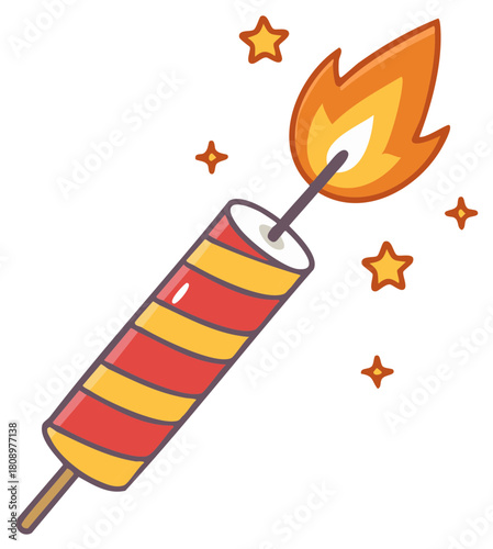 Cartoon firecracker with flames and sparkling stars on white background