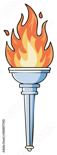 Cartoon illustration of a burning silver torch with a large orange flame symbol of victory and competition
