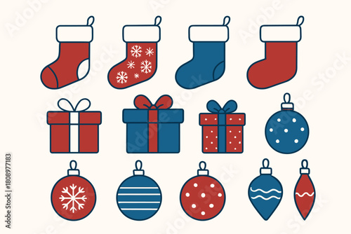 Christmas Icon Design. Set of Christmas icons featuring stockings, gifts, and ornaments. Each icon is distinct and detailed, capturing the essence of holiday decor.. Vector illustration