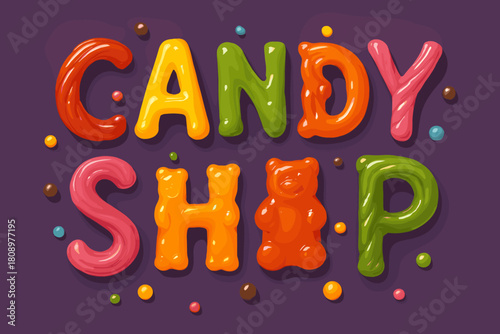 Candy Typography Design. Typographic design where each letter is formed by candy elements such as gummy bears, licorice twists, and chocolate drops. The letters are. Vector illustration