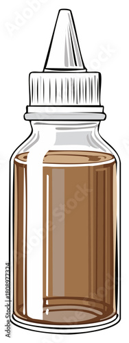 Clear glass dropper bottle with brown liquid and white cap for dispensing medicine or essential oil