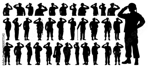 Military Soldiers and Police Officers Saluting, Silhouette Vector Collection, Transparent Background