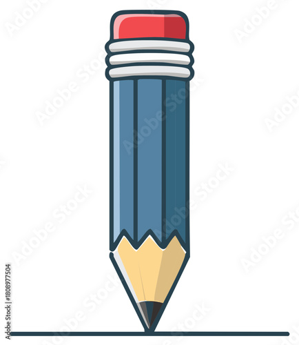 Blue cartoon pencil with a red eraser drawing a straight line vector icon