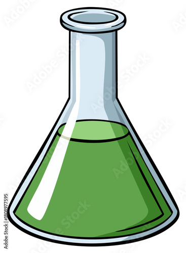 Cartoon illustration of a laboratory flask with green liquid for scientific or medical research