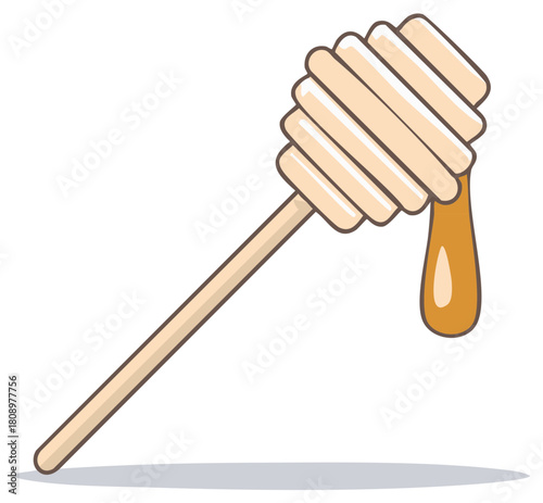 Honey dipper with golden drop of sweet liquid dripping from the wooden utensil an illustration