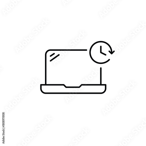 Clock on laptop. Work hours, project deadline and user screen time. Pixel perfect, editable stroke vector icon